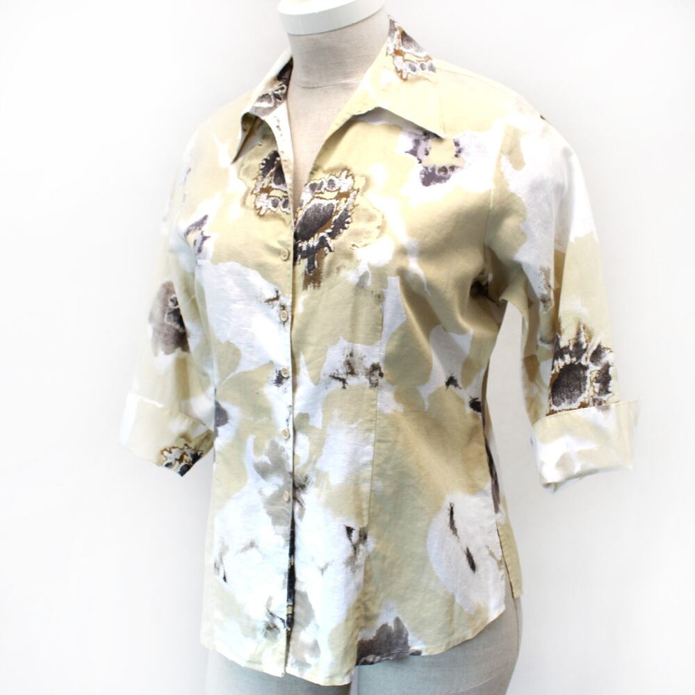 Harve Benard Woman Plus Beige Floral Linen Cotton Shirt Top Blouse 1X
